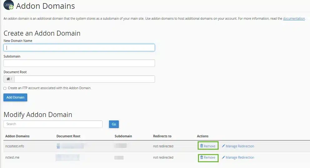 Xóa Addons/subdomains để reset hosting cPanel