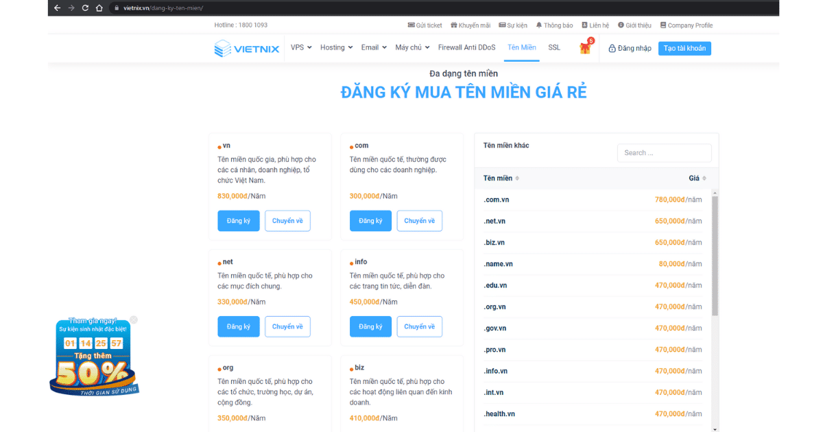 Tên miền chính là tên của website 