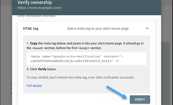 Quay lại cài đặt Google Search Console và nhấp vào nút Verify
