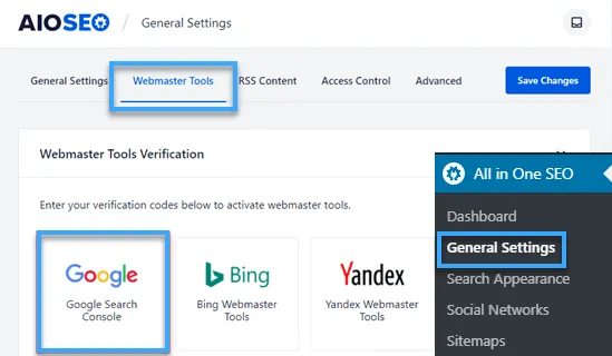 Chọn Webmaster Tools và nhấp vào Google Search Console