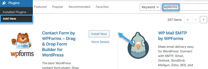 Nhập từ khóa WPForms và nhấp vào nút Install Now