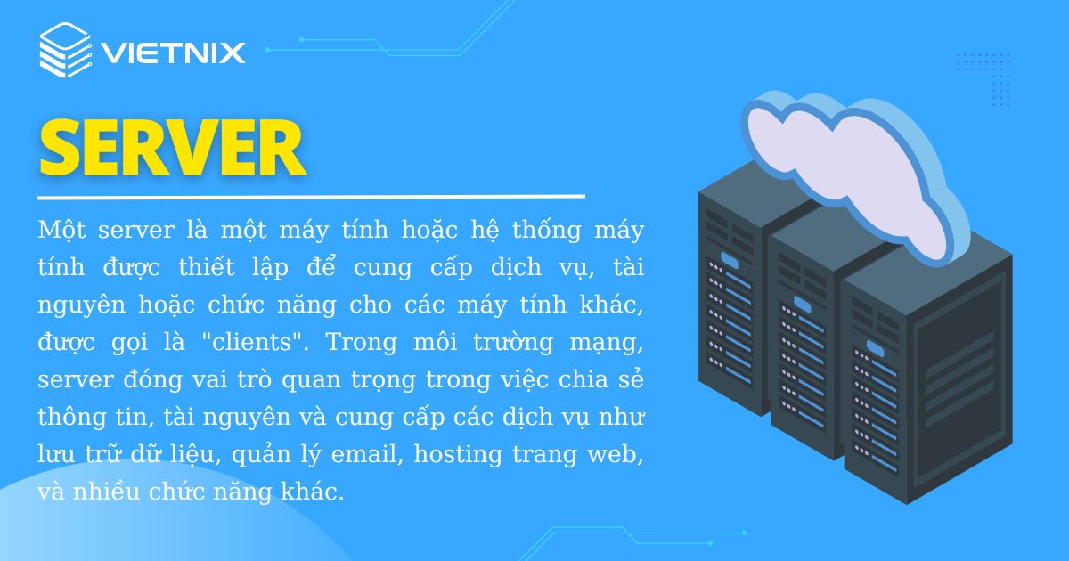 Một server là một máy tính hoặc hệ thống máy tính được thiết lập để cung cấp dịch vụ, tài nguyên