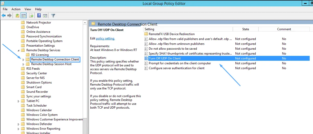 Mở bảng dashboard của Local Group Policies và tìm file Remote Desktop Connection Client