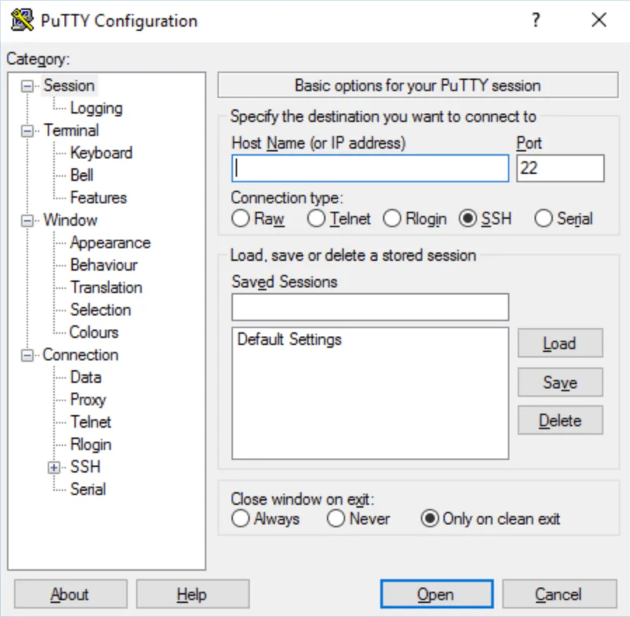 Nhập tên host vào ô hostname trong cửa sổ PuTTY Configuration 