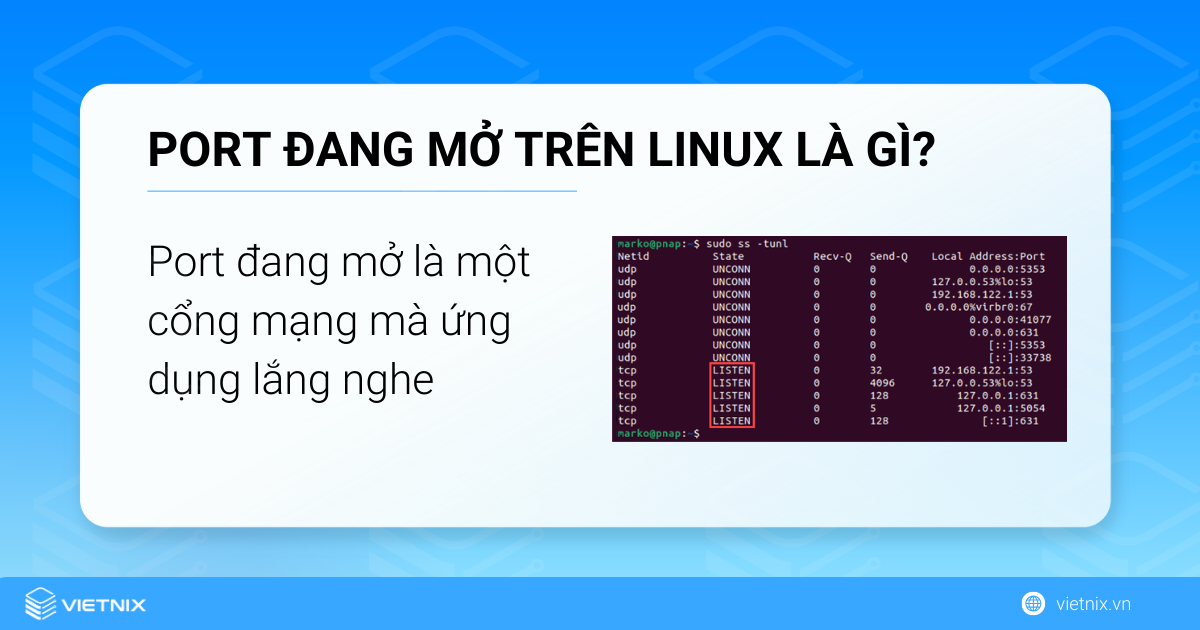 Port (cổng) đang mở là một cổng mạng mà ứng dụng lắng nghe