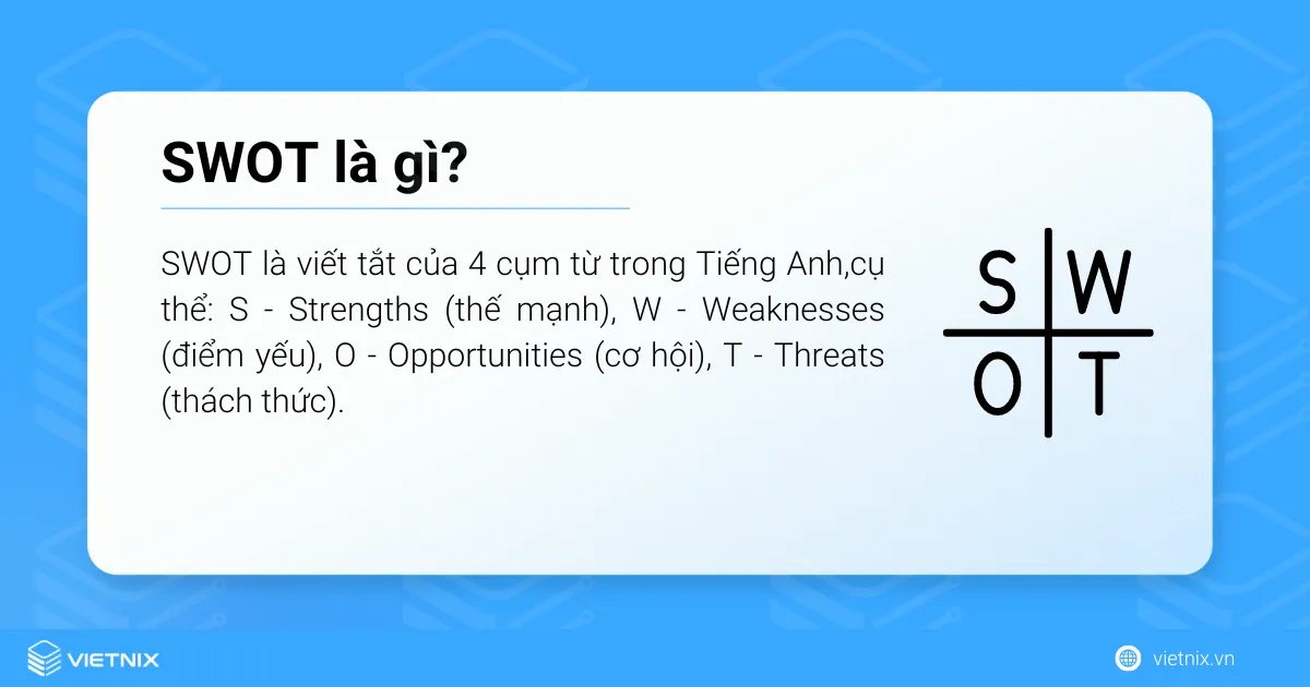 SWOT là mô hình phân tích kinh doanh đề cập điểm mạnh, điểm yếu, cơ hội và thách thức