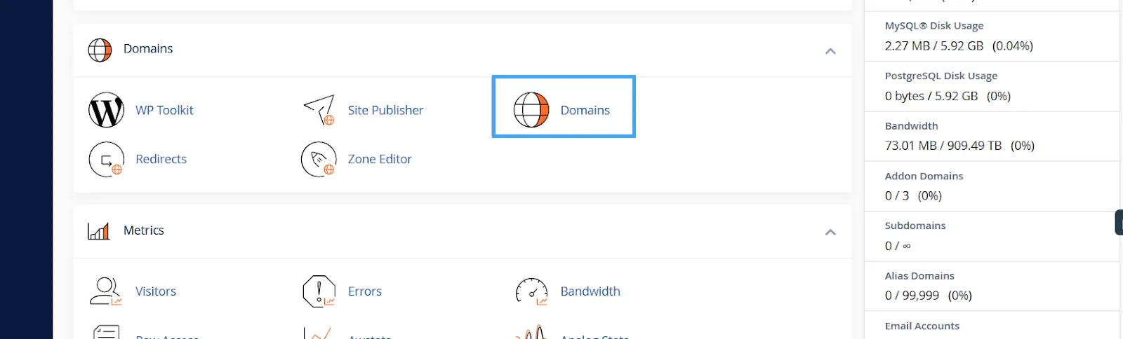 Truy cập menu Domains trong cPanel - thêm tên miền mới vào hosting cPanel