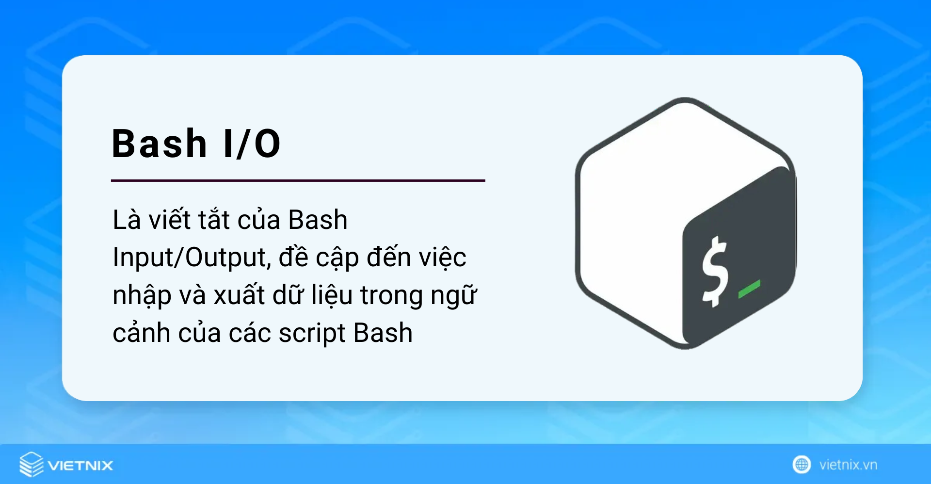 Bash I/O cho phép chương trình tương tác với người dùng, file và các chương trình khác