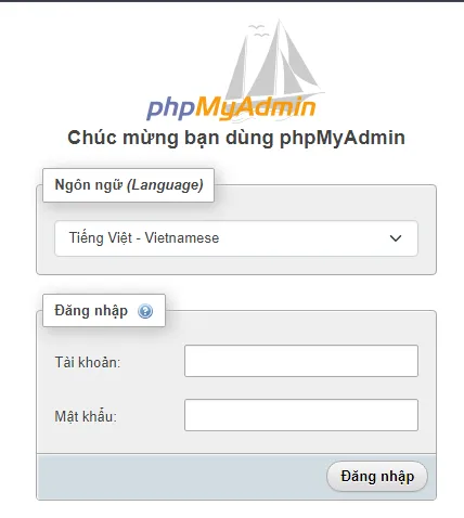 Giao diện đăng nhập phpMyAdmin